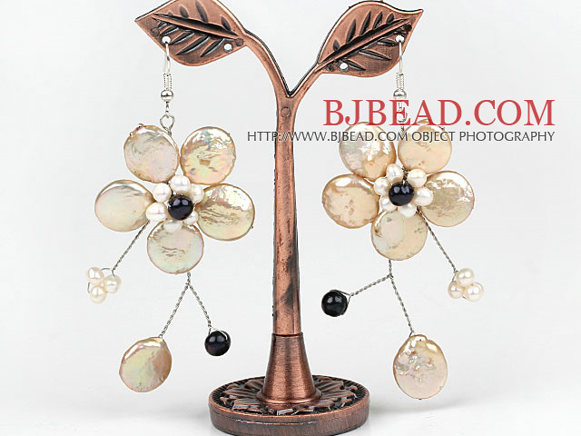 Champagne color Coin Perla y Negro Perla Cristal Pendientes forma de flor