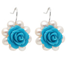 Fashion Style White Freshwater Pearl and Blue Acylic Flower Earrings