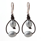 Simple Style 10-11mm Gray Freshwater Pearl and Brown Leather Earrings