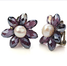 Fashion Natural White Freshwater Pearl And Faceted Manmade Purple Crystal Flower Clip-On Ear Studs