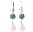 Lovely Round Green Air-Slake Agate And White Faceted Drop Shape Opal Crystal Dangle Earrings