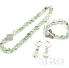 Prehnite Redonda Natural Plano Conjunto com 925 Acessório Borboleta Prata (Pulseira Colar e brincos Matched)