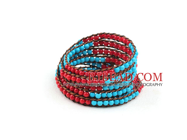 Lange Style 4 mm Ronde Koraal en Turquoise Wrap Bangle Armband met bruin garen en Shell sluiting