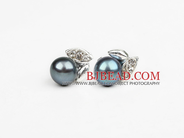 Fashion Style 6-7mm Naturale Nero perla d'acqua dolce Orecchini Studs con strass Leaf Shape