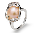 Fashion Natural 9-11mm Pink Blister Pearl Ring With Charming Rhinestone