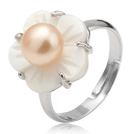 Nice Natural 5 - 6mm Roze Zoetwater Parel -wit Shell Flower Verstelbare Ring