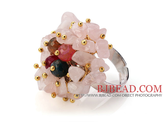 Adorável Estilo Handmade Cluster Quartzo Rosa chips e multi Ágata metal ajustável Anel