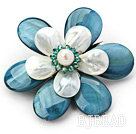 Biały Freshwater Pearl and Green Peacock Niebieski kryształ i Shell Flower Brooch