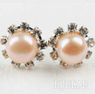 Classic Design Natural Pink Freshwater Pearl Studs with Rhinestone