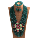 Statement Party Style Multi Layer Dark Green Crystal Beads African Costume Jewelry Set With Big Flower (Necklace, Bracelet & Earrings)