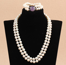 Gorgeous Matki Gift podwójnej nici 9-10mm Natural White Pearl Biżuteria ślubna Amethyst Set Z zapięciem (naszyjnik i bransoletka)