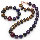 Assorted Tiger Eye and Purple Agate sæt (halskæde og Matched Armbånd)