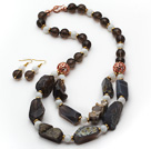 Brown Series Smoky Quartz and Moonstone and Original Gray Agate Stone Set ( Necklace and Matched Earrings )