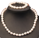 Beautiful Elegant Best Gift 8-9mm Natural White Rice Pearl Jewelry Set (Necklace & Bracelet)