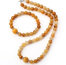 Nice Natural Round Yellow Jade Beaded Necklace With Matched Elastic Bracelet Jewelry Set