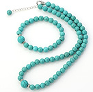 Fashion Natural Round Turquoise Beaded Necklace With Matched Elastic Bracelet Jewelry Set