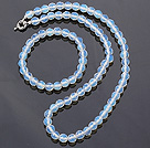 Fashion 7mm Round White Blue Opal Beaded Necklace With Matched Elastic Bracelet Jewelry Set