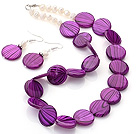 Set Shell Fashion White Pearl d'acqua dolce e viola rotonda Disc dipinto ( collana con orecchini abbinati )