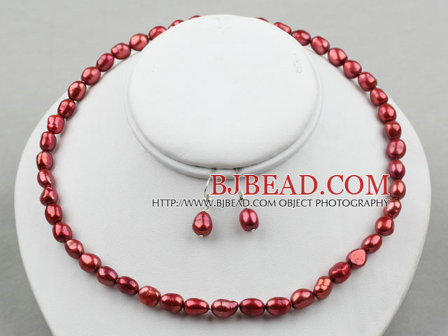 8-9mm Red Wine Color Baroque Pearl Set ( Necklace and Matched Earrings )