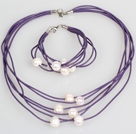 10-11mm bianco perla d'acqua dolce e cuoio viola Collana Bracciale Set