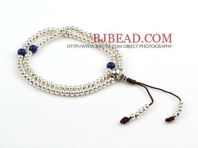 Sterling Silver Beads Adjustable Rosary/ Prayer Bracelet with Lapis ( Total 108 Beads)