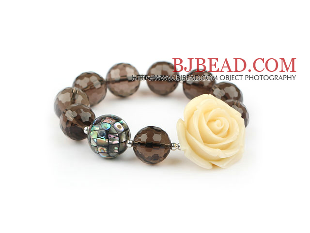 Natural Faceted Smoky Quartz and Mosaic Abalone Shell and Rose Flower Elastic Bangle Bracelet