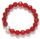 A Grade Faceted 10mm Red Carnelian and Silver Bead Stretch Bangle Bracelet