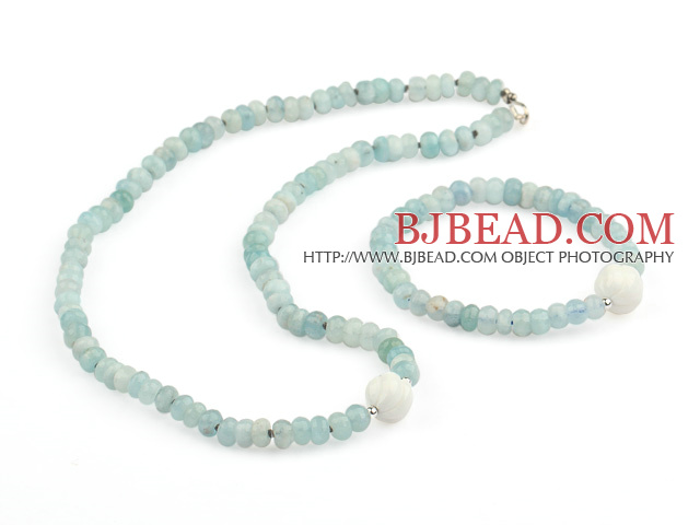 Aguamarina Natural facetado y Shell Mar Blanco Set con accesorios de plata de ley 925