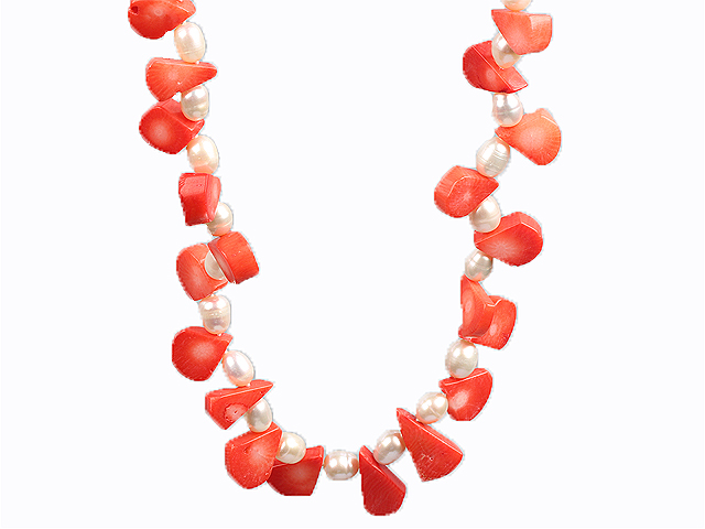 White Freshwater Pearl and Orange Red Coral Choker Necklace