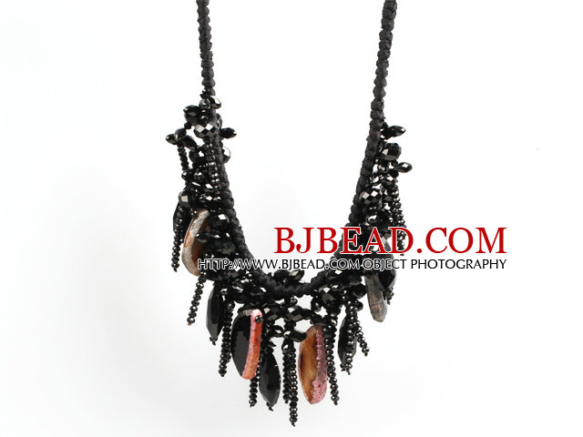 Sparkly Bib Shape BLack Series Crystal Agate Statement Party Necklace With Black Thread Woven Drawstring Chain