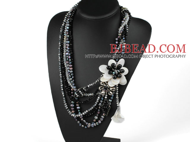 Big Style Multi Strands Black Series Black and Clear Crystal and White Shell Flower Party Necklace