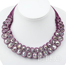 Fashion Style Clear Crystal Woven Bib Necklace with Dark Purple Velvet Ribbon