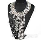 Elegant and Big Style White Freshwater Pearl Crystal Flower Party Tassel Necklace