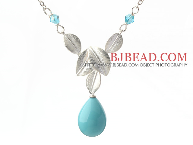 Classic Design Blue Turquoise Color Drop Shape Seashell Pendant Necklace with Metal Leaves and Metal Chain