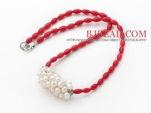 Single Strand Lange ovale vorm Red Coral Ketting met Witte zoetwaterparels