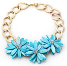 2013 Summer New Design Sky Blue Shell Bloem Ketting met gouden kleur metalen ketting