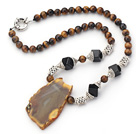 Tige Eye Necklace with Irregular Shape Agate Slice Pendant and Tibet Silver Accessories