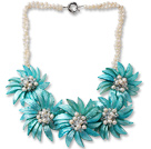 White Freshwater Pearl and Clear Crystal and Blue Shell Flower Necklace under $ 40