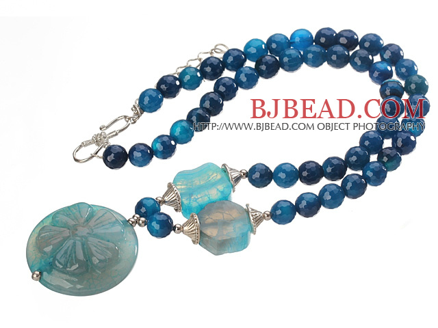 Nice Faceted Round Blue Agate Beaded Strand And Big Agate Flower Pendant Adjustable Necklace