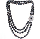 Fashion Three Strands 9-10mm Natural Black Rice Shape Freshwater Pearl Necklace With Shell Flower Clasp (No Box)