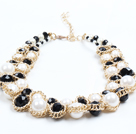 Trendy Style Multi Strand Black Crystal White Acrylic Beads And Freshwater Pearl Necklace With Golden Chain under $ 7