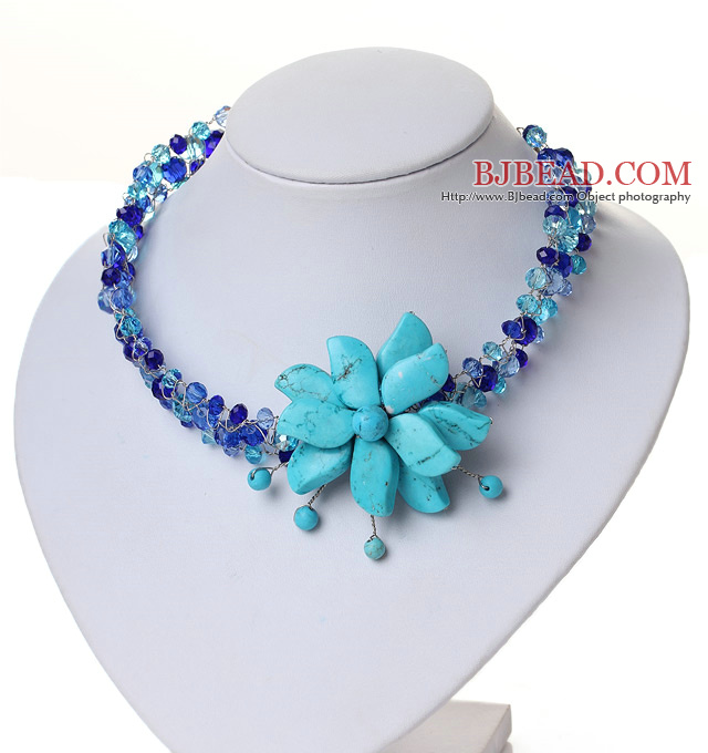 Fashion Wired Crochet Multilayer Blue Series Crystal And Turquoise Flower Party Necklace