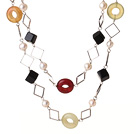 Beautiful Long Style White Pearl Rhombus Shape Black Agate and Three Colored Jade Necklace