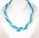 Dubbele strengen White Pearl en Blue Jade Ketting met Hart sluiting menos de 15 euros