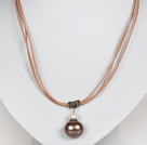 Light Brown Color Potato Shape Sea Shell Beads Pendant Leather Necklace under $ 40