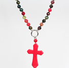 Toermalijn en Agaat en Red Turquoise Cross Hanger Collier