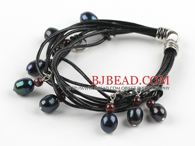 Lovely Style Multi Strands Black Freshwater Pearl and Garnet Leather Bracelet