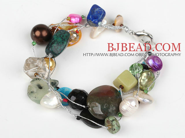 Collar de varias Surtido de piedra multicolor y pulsera de perlas con alambre de plata del color