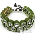 Fashion Style Clear Crystal and Olive Green Velvet Ribbon Woven Bold Bracelet with Extendable Chain