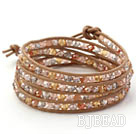 Brown Series Multi Color Cristal tecido Bracelet Bangle Enrole com Brown Leather Cord